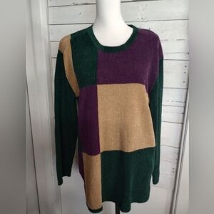 Sag Harbor Sweater Womens Large Color Block Chenille Green Purple Pullover Retro
